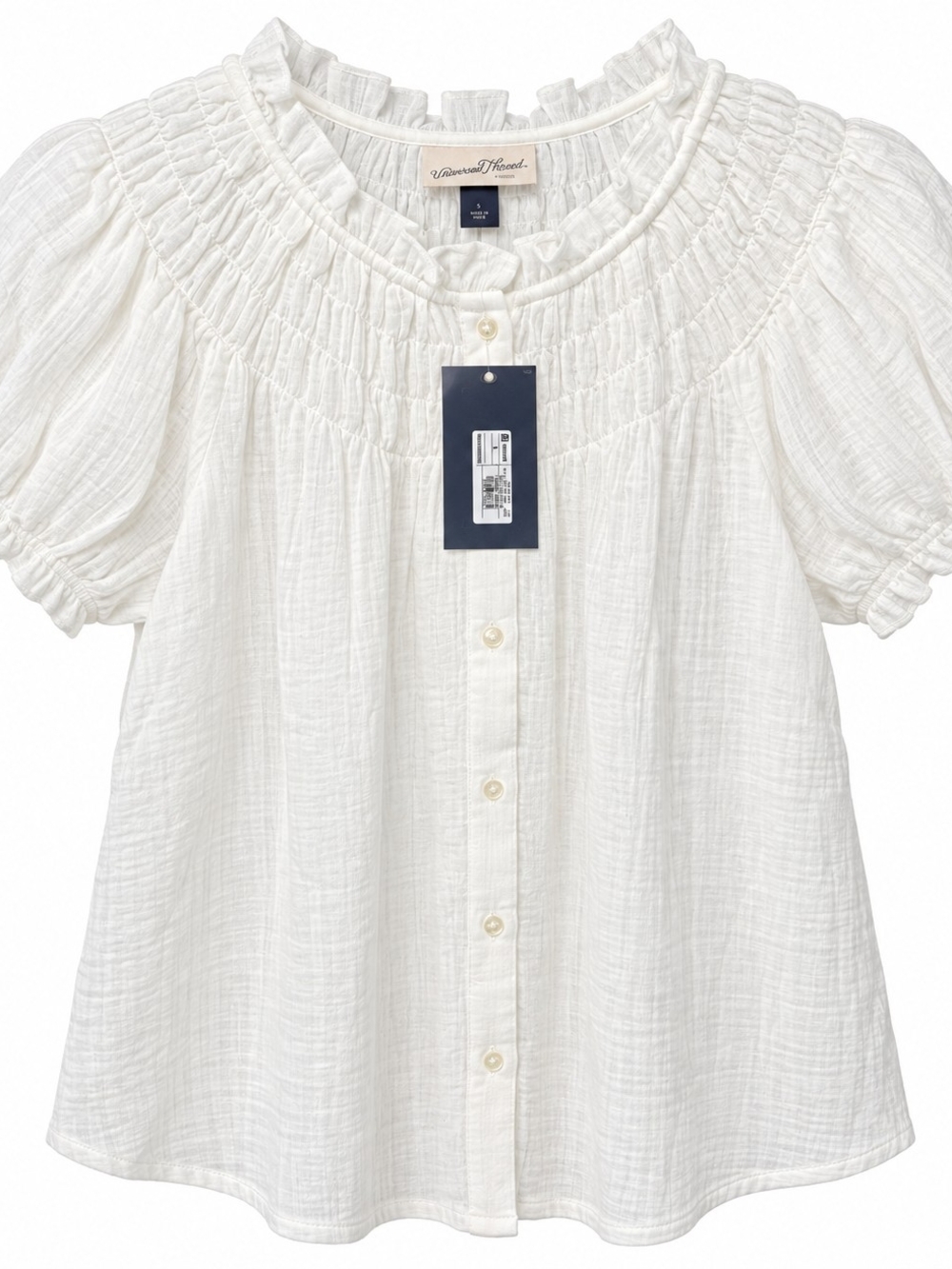 Universal Thread White Smocked Ruffle Button-Front Blouse